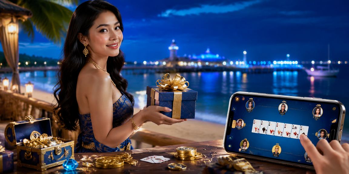 Ilustrasi pemain menikmati promosi bonus kartu di suasana santai tepi pantai