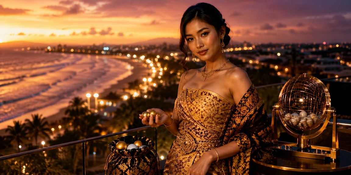 Pengguna mengecek hasil lottery dan informasi pembayaran online di tepi pantai